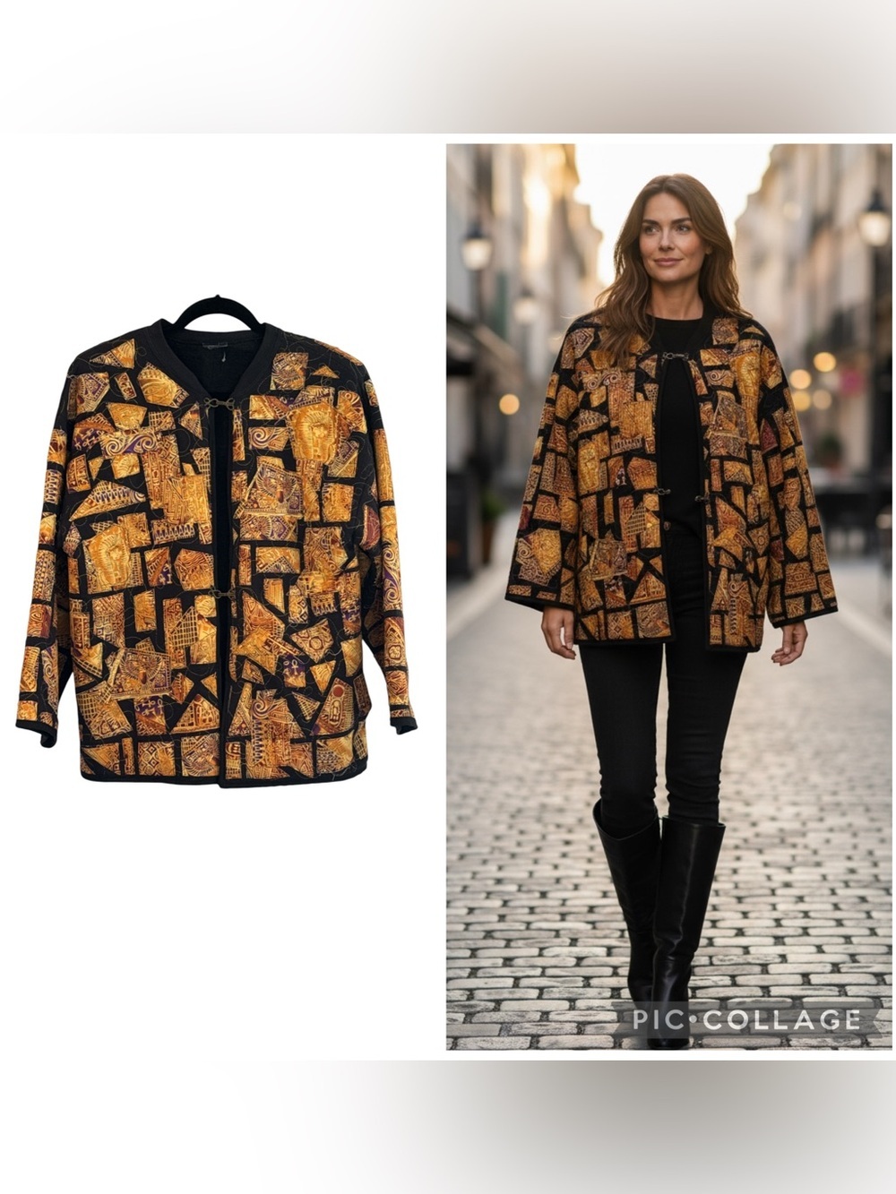 Wearable Art Egyptian Hieroglyphic Quilted Jacket Black Gold Size L
